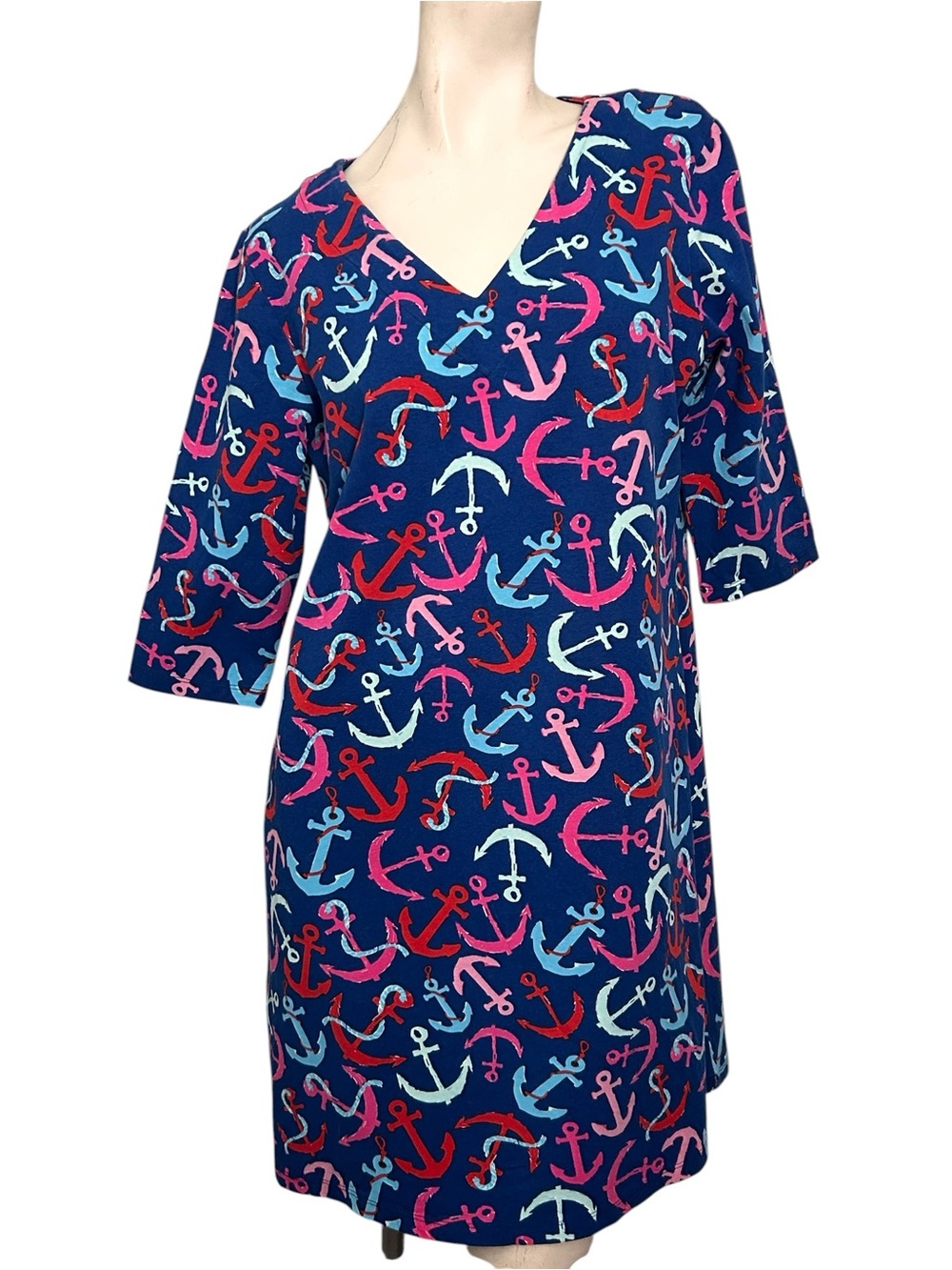 Haley & The Hound Anchor Print Shift Dress XL Navy Pink Coastal Nautical USA Mad